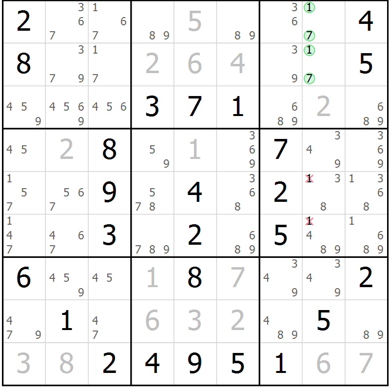 Position des candidats pour la solution de la Gr 46 page 49 du magazine de sudoku Virtuose n° 118