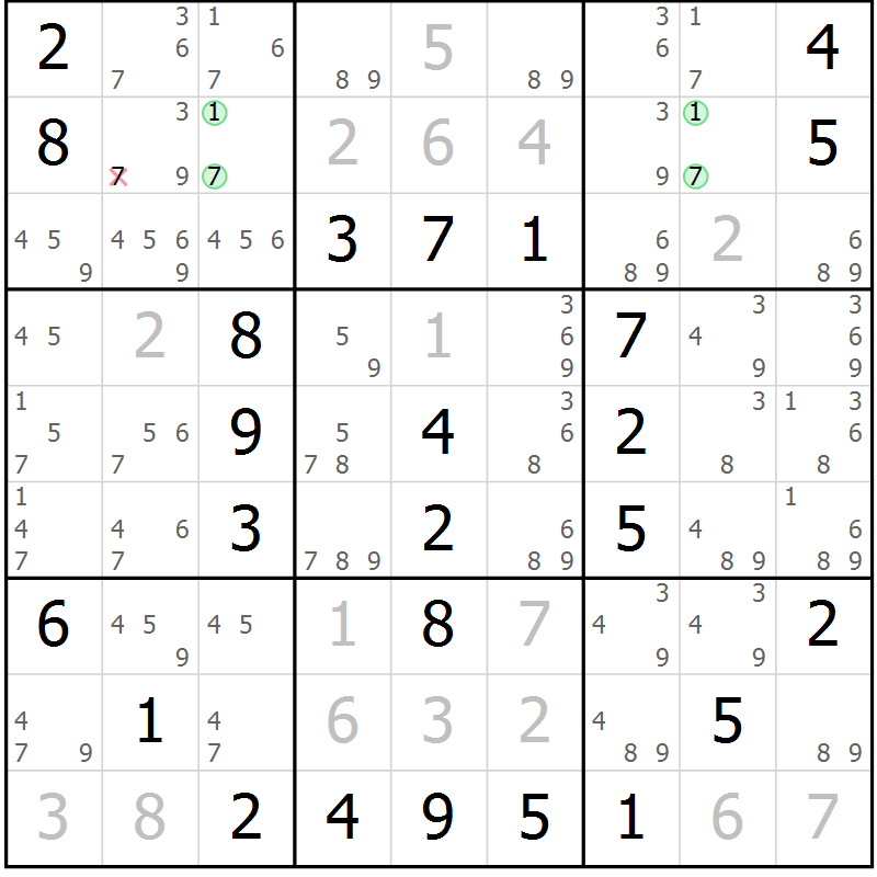 Position des candidats pour la solution de la Gr 46 page 49 du magazine de sudoku Virtuose n° 118