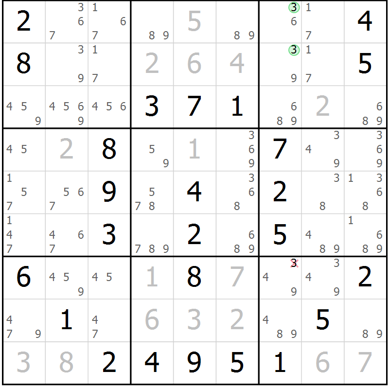 Position des candidats pour la solution de la Gr 46 page 49 du magazine de sudoku Virtuose n° 118
