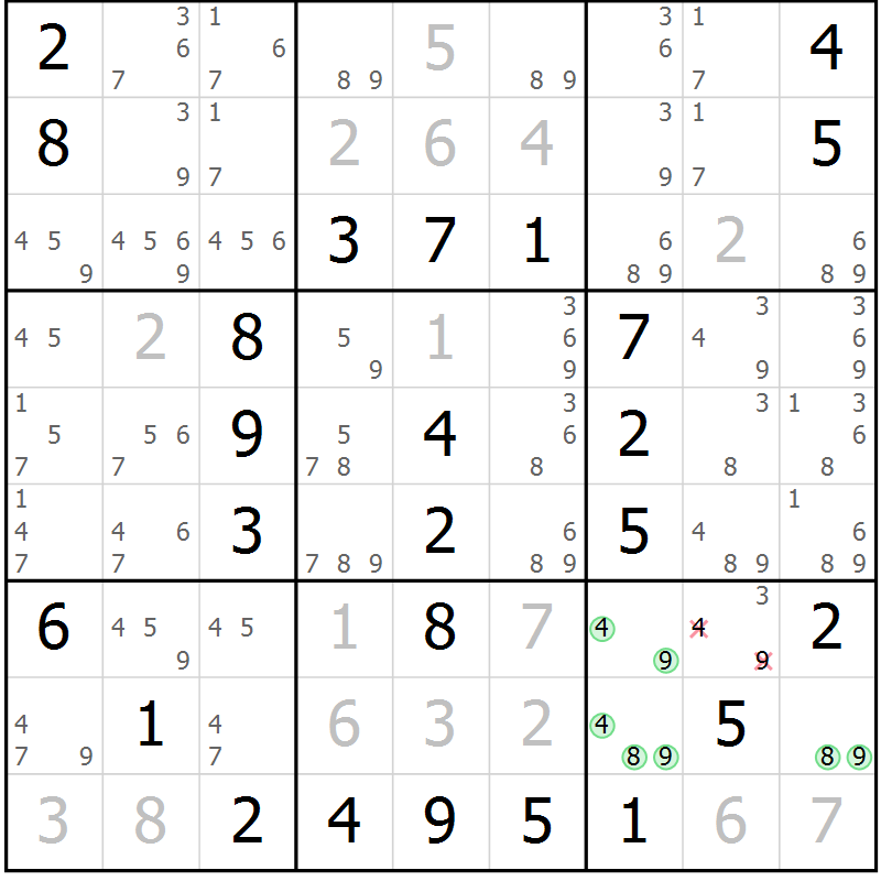 Position des candidats pour la solution de la Gr 46 page 49 du magazine de sudoku Virtuose n° 118