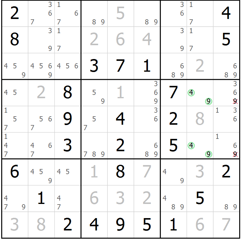 Position des candidats pour la solution de la Gr 46 page 49 du magazine de sudoku Virtuose n° 118