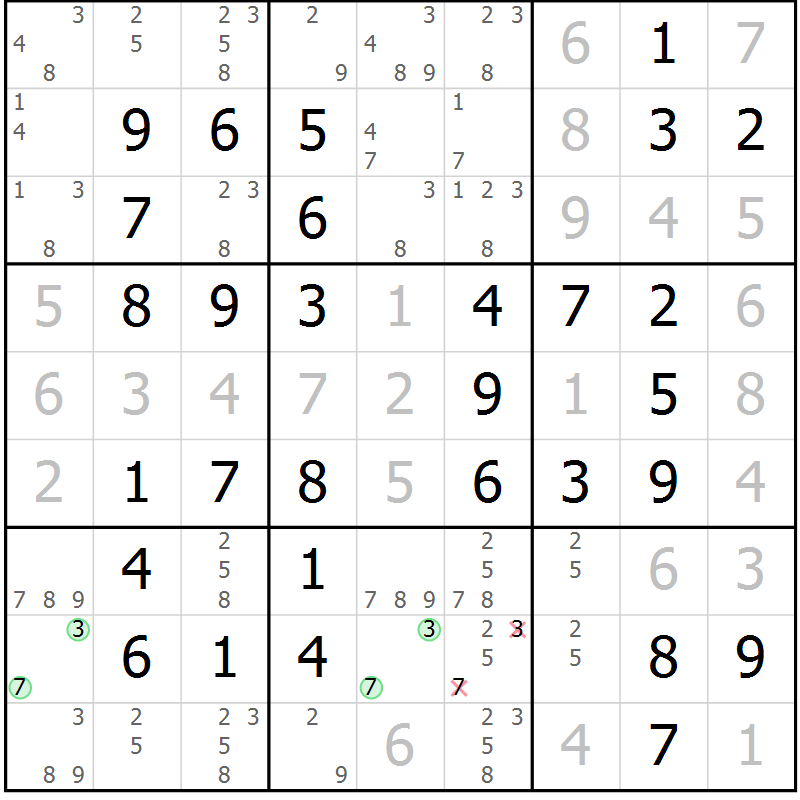 Position des candidats pour la solution de la Gr 49 page 52 du magazine de sudoku Virtuose n° 118