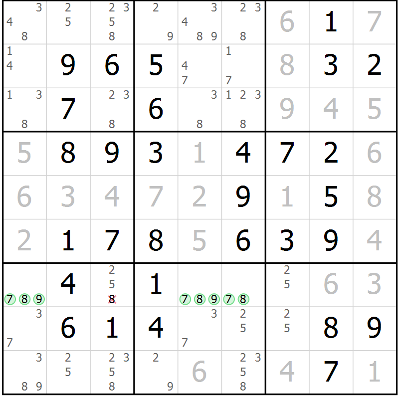 Position des candidats pour la solution de la Gr 49 page 52 du magazine de sudoku Virtuose n° 118