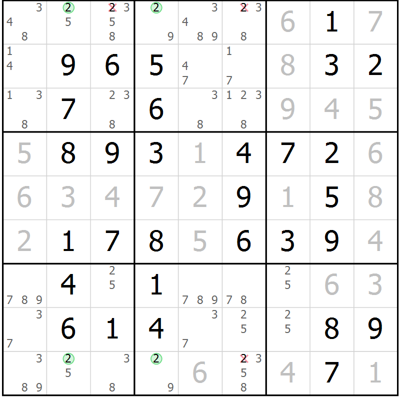 Position des candidats pour la solution de la Gr 49 page 52 du magazine de sudoku Virtuose n° 118