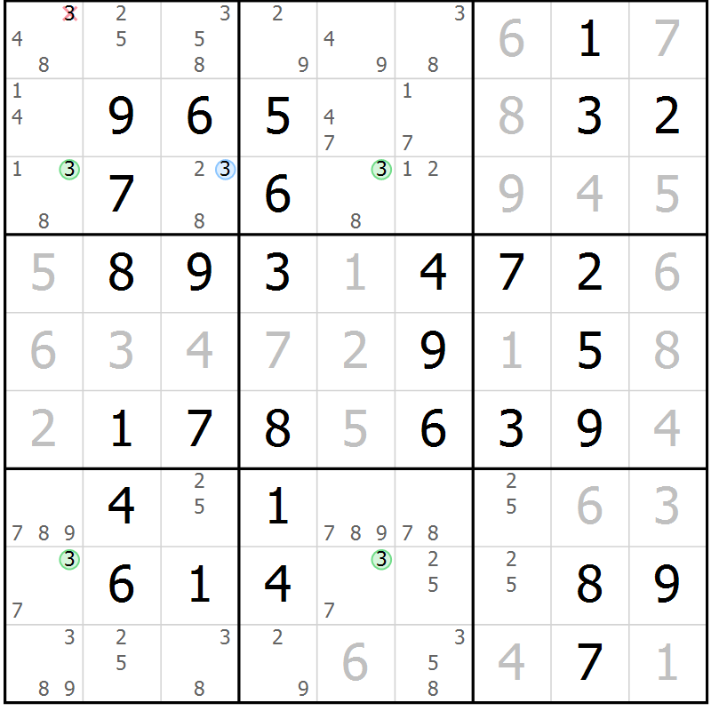 Position des candidats pour la solution de la Gr 49 page 52 du magazine de sudoku Virtuose n° 118