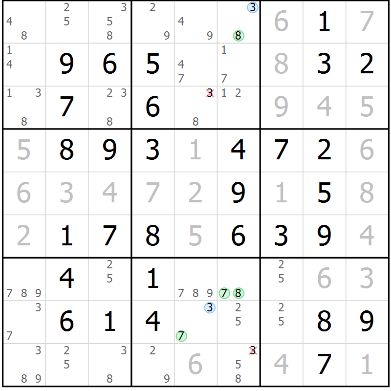 Position des candidats pour la solution de la Gr 49 page 52 du magazine de sudoku Virtuose n° 118