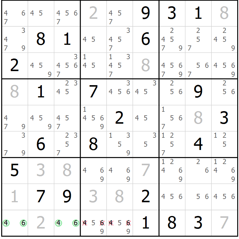 Position des candidats pour la solution de la Gr 5 page 8 du magazine de sudoku Virtuose n° 118