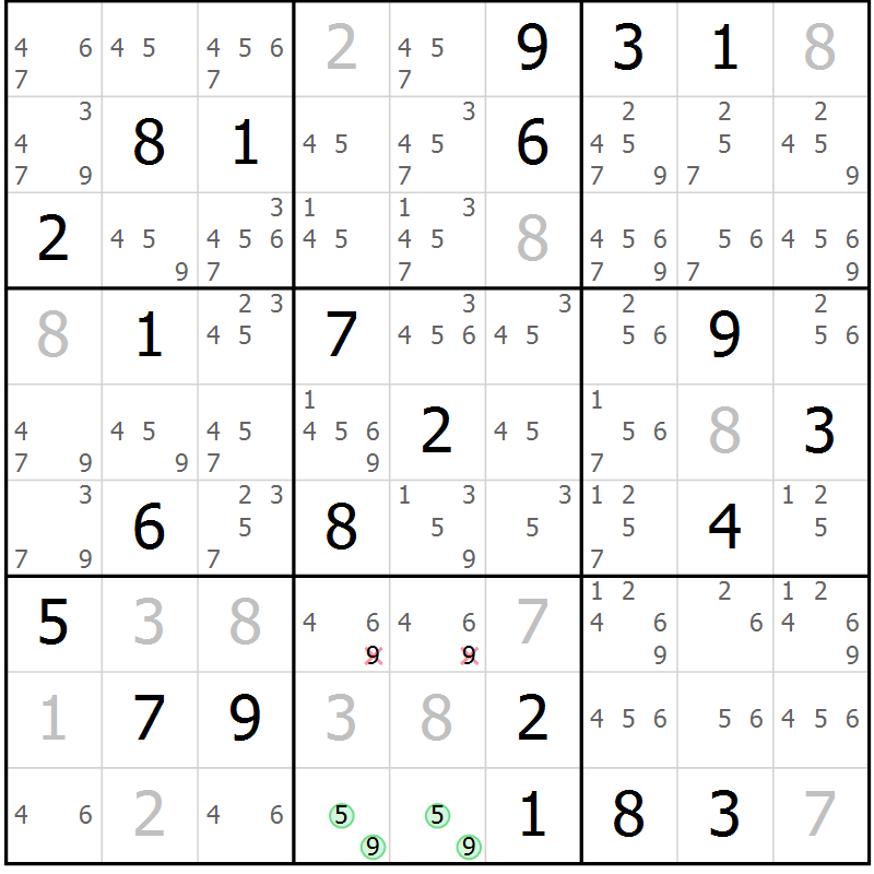 Position des candidats pour la solution de la Gr 5 page 8 du magazine de sudoku Virtuose n° 118