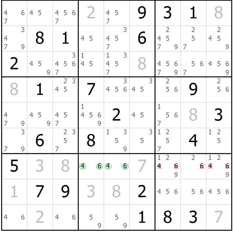 Position des candidats pour la solution de la Gr 5 page 8 du magazine de sudoku Virtuose n° 118