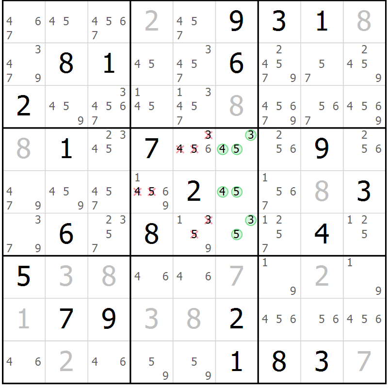 Position des candidats pour la solution de la Gr 5 page 8 du magazine de sudoku Virtuose n° 118