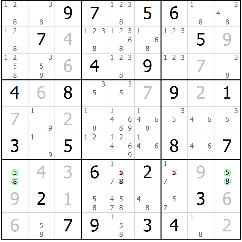 Position des candidats pour la solution de la Gr 52 page 55 du magazine de sudoku Virtuose n° 118