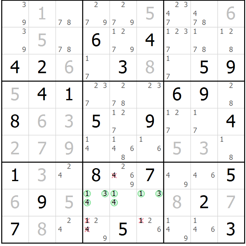Position des candidats pour la solution de la Gr 53 page 56 du magazine de sudoku Virtuose n° 118