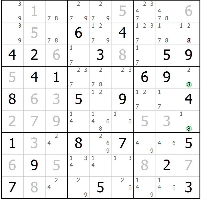 Position des candidats pour la solution de la Gr 53 page 56 du magazine de sudoku Virtuose n° 118