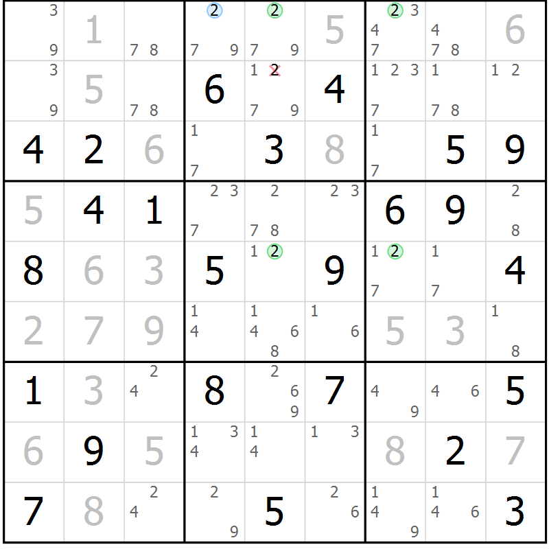 Position des candidats pour la solution de la Gr 53 page 56 du magazine de sudoku Virtuose n° 118