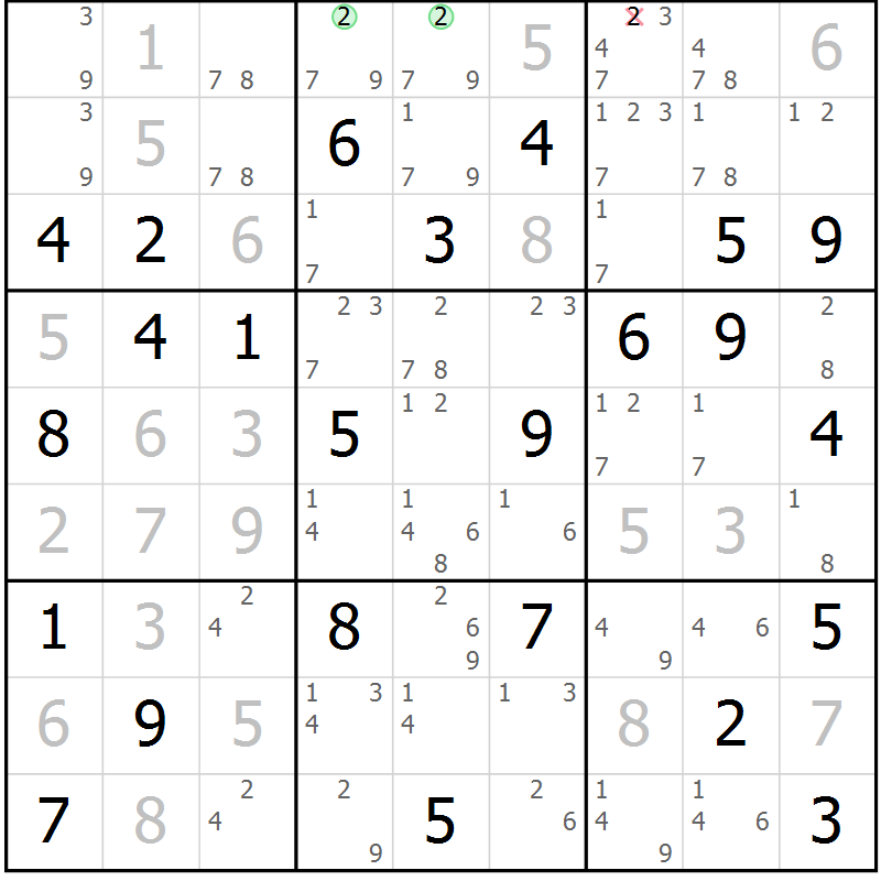 Position des candidats pour la solution de la Gr 53 page 56 du magazine de sudoku Virtuose n° 118