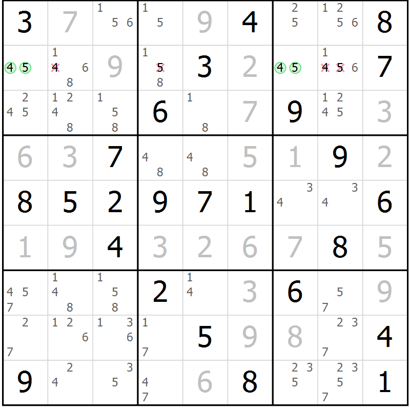 Position des candidats pour la solution de la Gr 54 page 57 du magazine de sudoku Virtuose n° 118