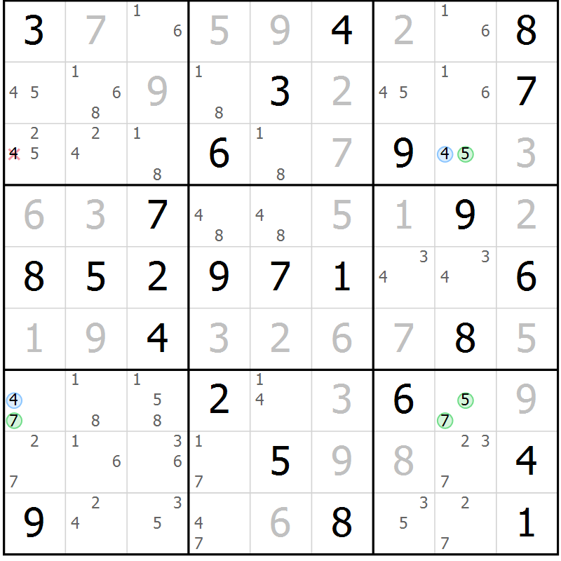 Position des candidats pour la solution de la Gr 54 page 57 du magazine de sudoku Virtuose n° 118
