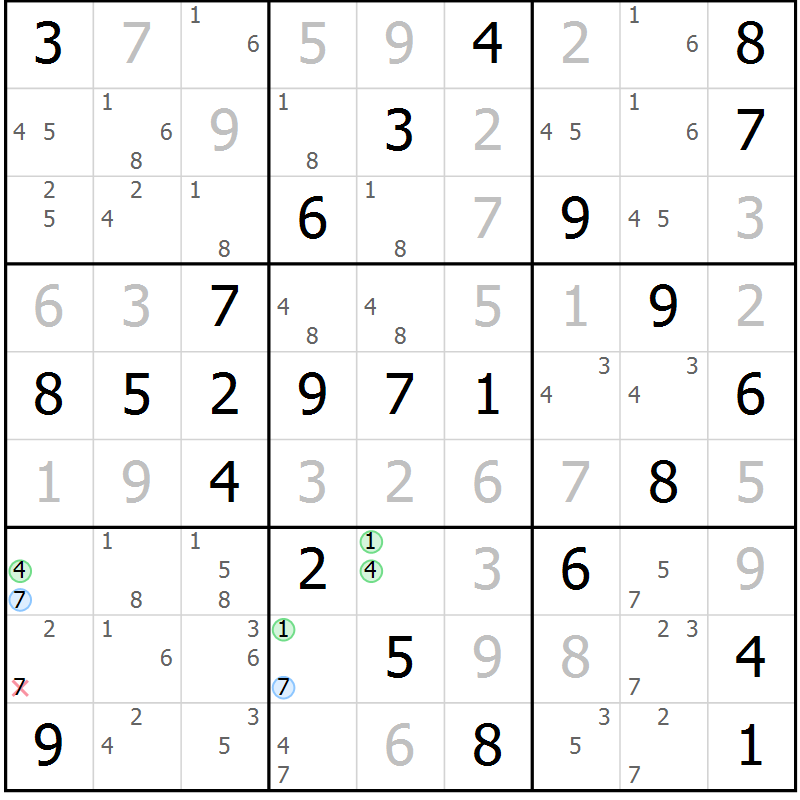 Position des candidats pour la solution de la Gr 54 page 57 du magazine de sudoku Virtuose n° 118