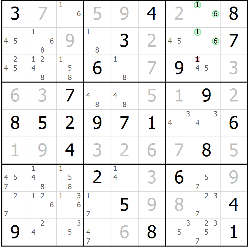 Position des candidats pour la solution de la Gr 54 page 57 du magazine de sudoku Virtuose n° 118