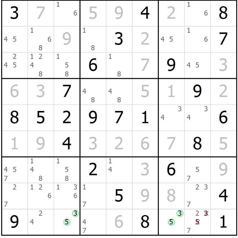 Position des candidats pour la solution de la Gr 54 page 57 du magazine de sudoku Virtuose n° 118