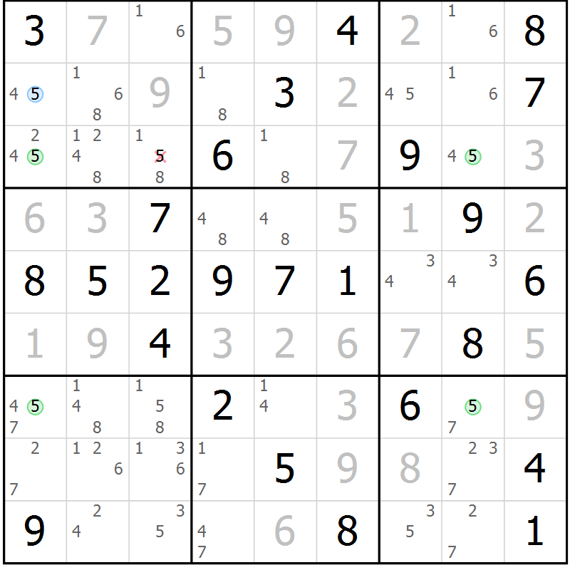 Position des candidats pour la solution de la Gr 54 page 57 du magazine de sudoku Virtuose n° 118