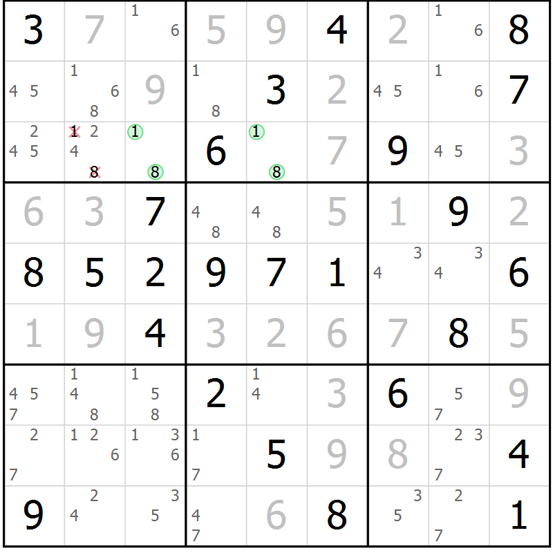 Position des candidats pour la solution de la Gr 54 page 57 du magazine de sudoku Virtuose n° 118