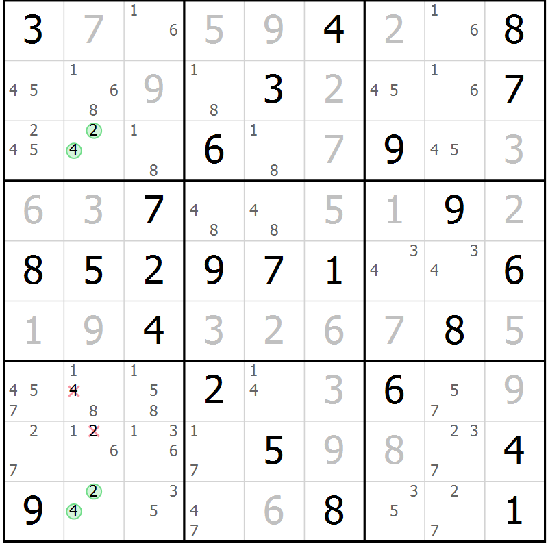 Position des candidats pour la solution de la Gr 54 page 57 du magazine de sudoku Virtuose n° 118
