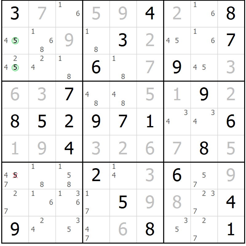 Position des candidats pour la solution de la Gr 54 page 57 du magazine de sudoku Virtuose n° 118