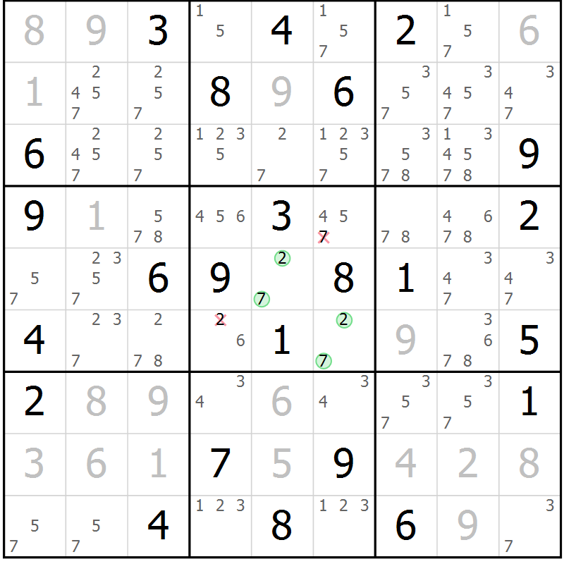 Position des candidats pour la solution de la Gr 55 page 58 du magazine de sudoku Virtuose n° 118