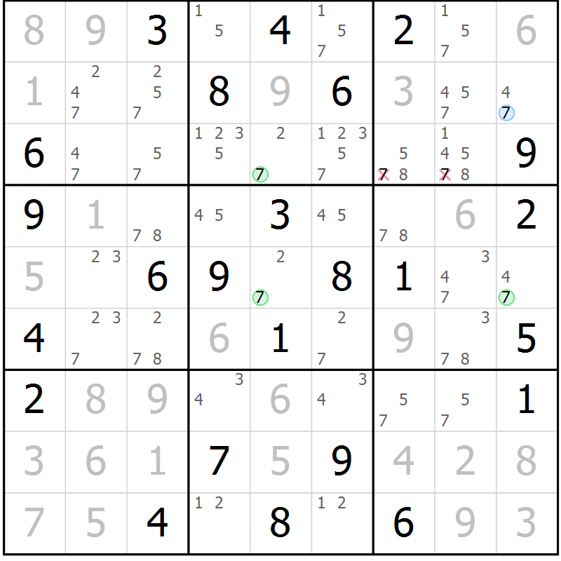 Position des candidats pour la solution de la Gr 55 page 58 du magazine de sudoku Virtuose n° 118