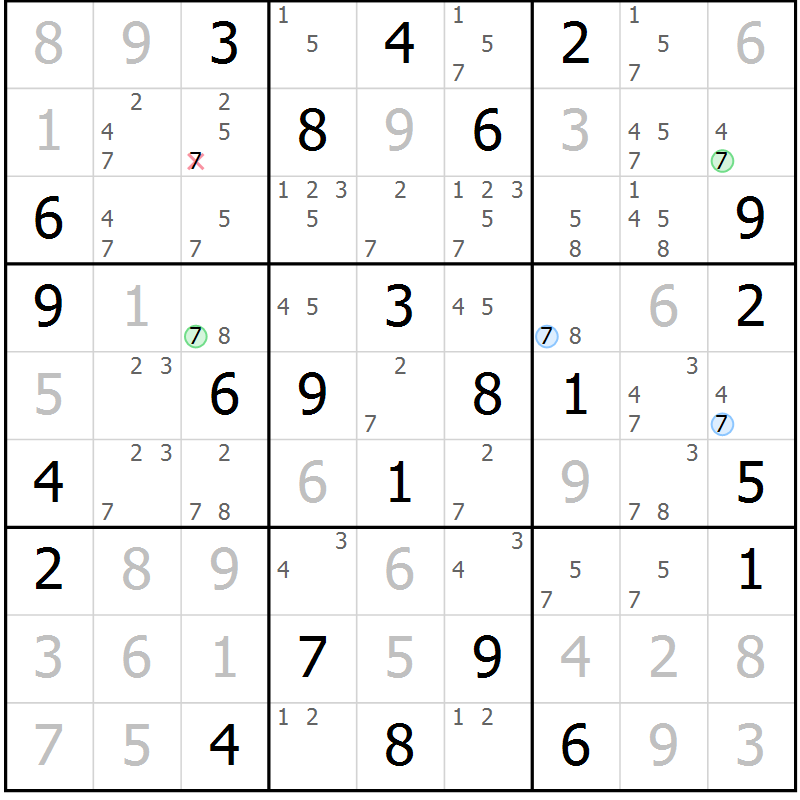 Position des candidats pour la solution de la Gr 55 page 58 du magazine de sudoku Virtuose n° 118