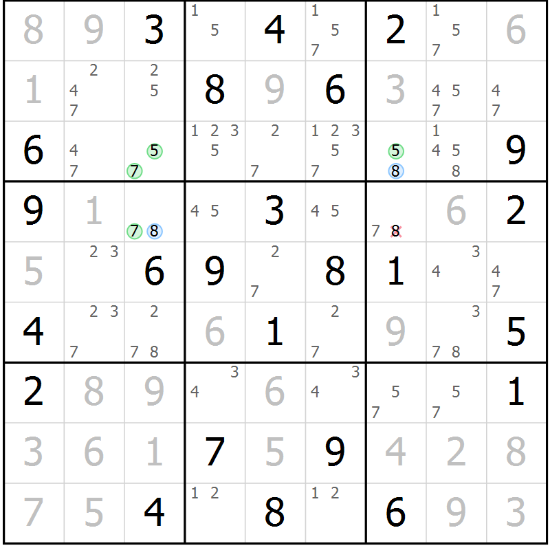 Position des candidats pour la solution de la Gr 55 page 58 du magazine de sudoku Virtuose n° 118