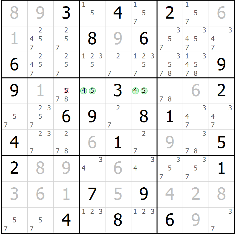 Position des candidats pour la solution de la Gr 55 page 58 du magazine de sudoku Virtuose n° 118