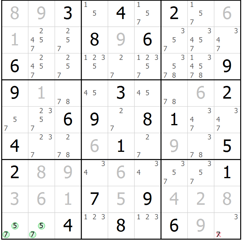 Position des candidats pour la solution de la Gr 55 page 58 du magazine de sudoku Virtuose n° 118