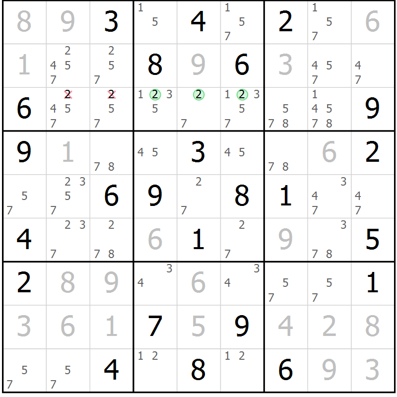 Position des candidats pour la solution de la Gr 55 page 58 du magazine de sudoku Virtuose n° 118