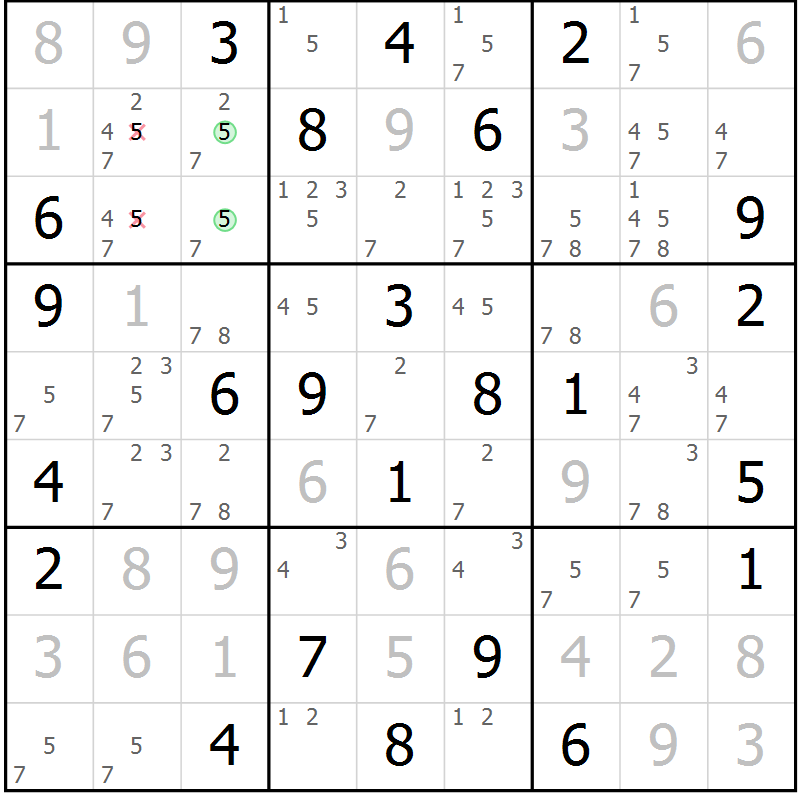 Position des candidats pour la solution de la Gr 55 page 58 du magazine de sudoku Virtuose n° 118