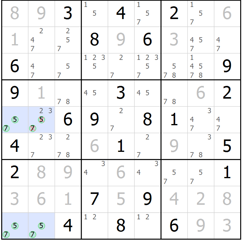 Position des candidats pour la solution de la Gr 55 page 58 du magazine de sudoku Virtuose n° 118