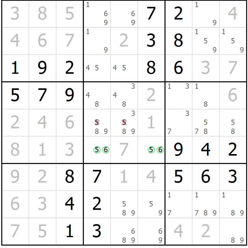 Position des candidats pour la solution de la Gr 56 page 59 du magazine de sudoku Virtuose n° 118