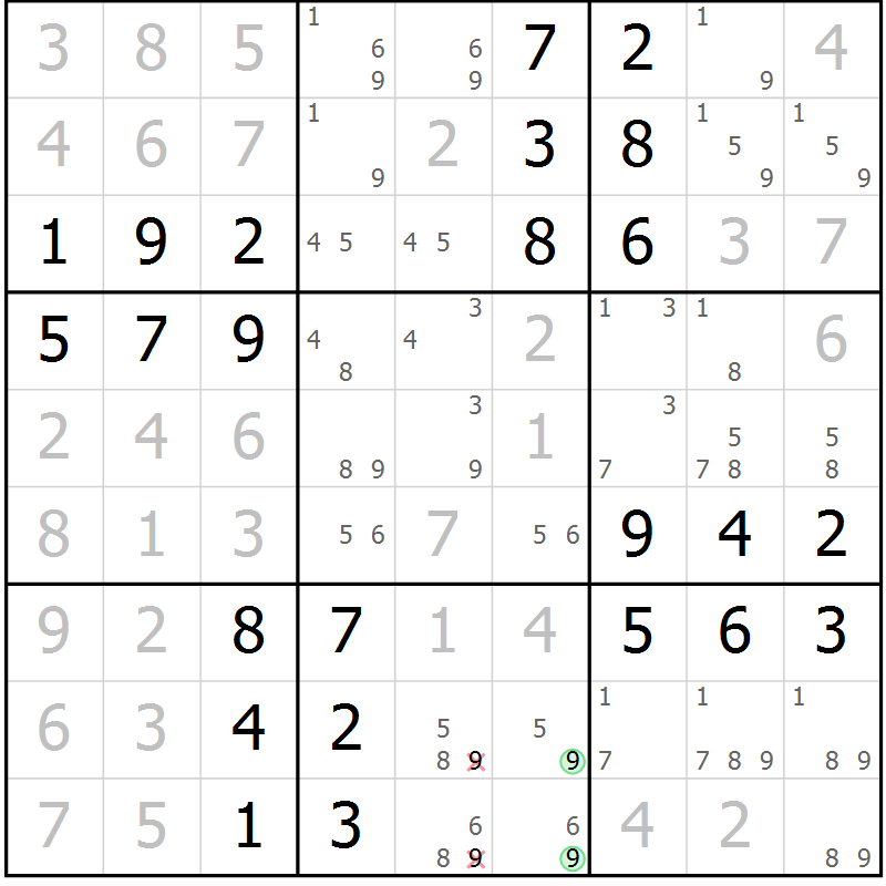 Position des candidats pour la solution de la Gr 56 page 59 du magazine de sudoku Virtuose n° 118