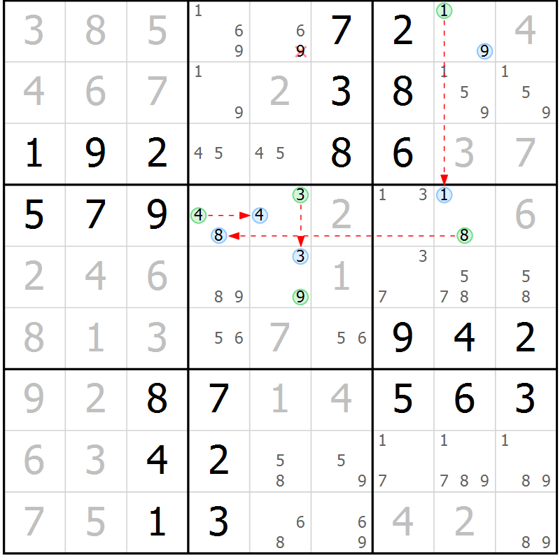 Position des candidats pour la solution de la Gr 56 page 59 du magazine de sudoku Virtuose n° 118