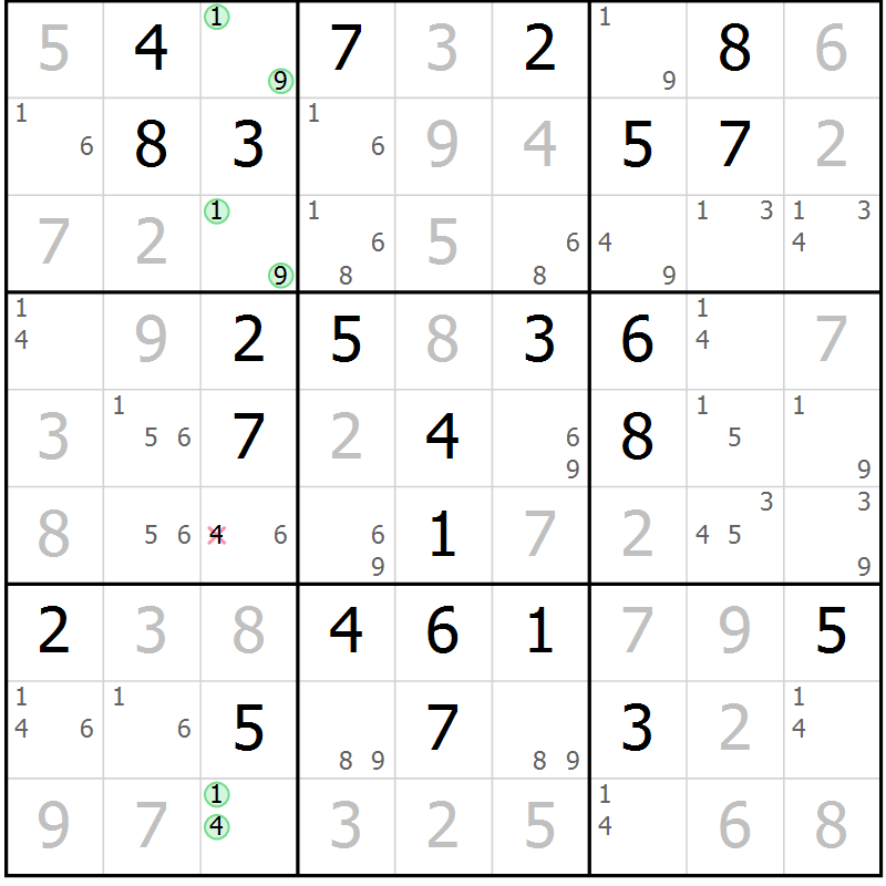 Position des candidats pour la solution de la Gr 57 page 60 du magazine de sudoku Virtuose n° 118