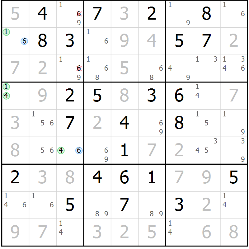 Position des candidats pour la solution de la Gr 57 page 60 du magazine de sudoku Virtuose n° 118