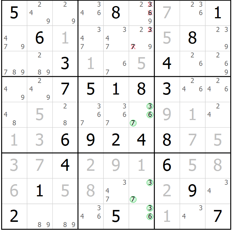 Position des candidats pour la solution de la Gr 58 page 61 du magazine de sudoku Virtuose n° 118