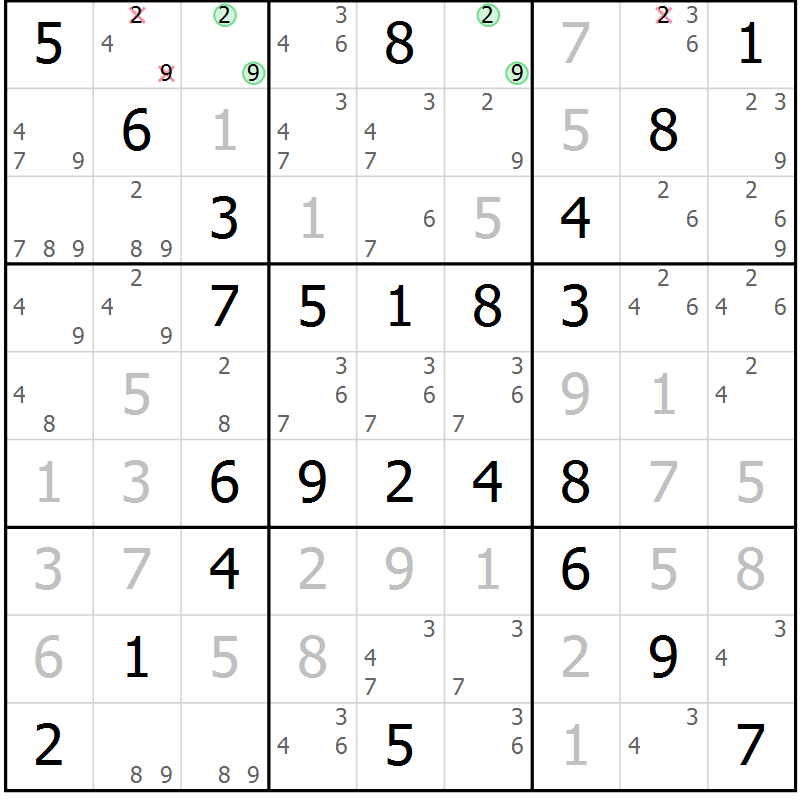 Position des candidats pour la solution de la Gr 58 page 61 du magazine de sudoku Virtuose n° 118