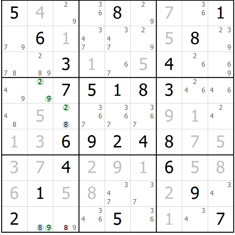 Position des candidats pour la solution de la Gr 58 page 61 du magazine de sudoku Virtuose n° 118