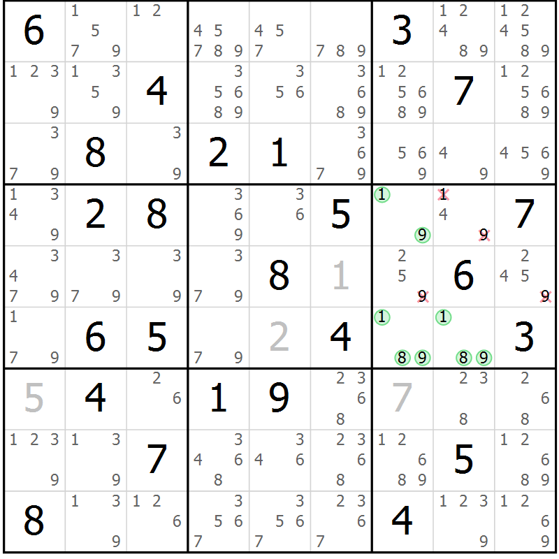 Position des candidats pour la solution de la Gr 59 page 62 du magazine de sudoku Virtuose n° 118