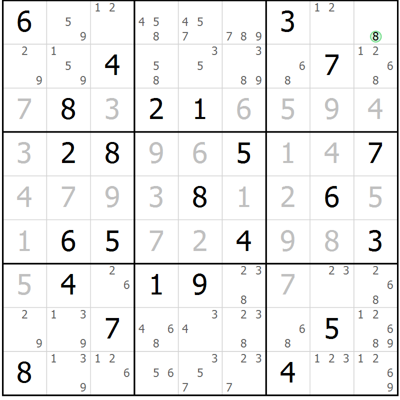 Position des candidats pour la solution de la Gr 59 page 62 du magazine de sudoku Virtuose n° 118