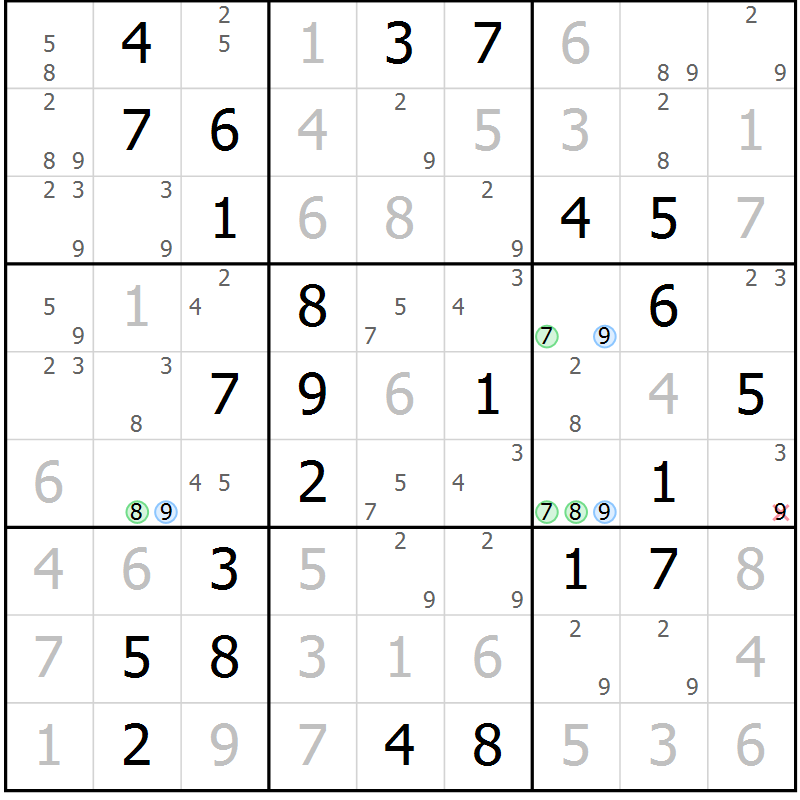 Position des candidats pour la solution de la Gr 60 page 63 du magazine de sudoku Virtuose n° 118