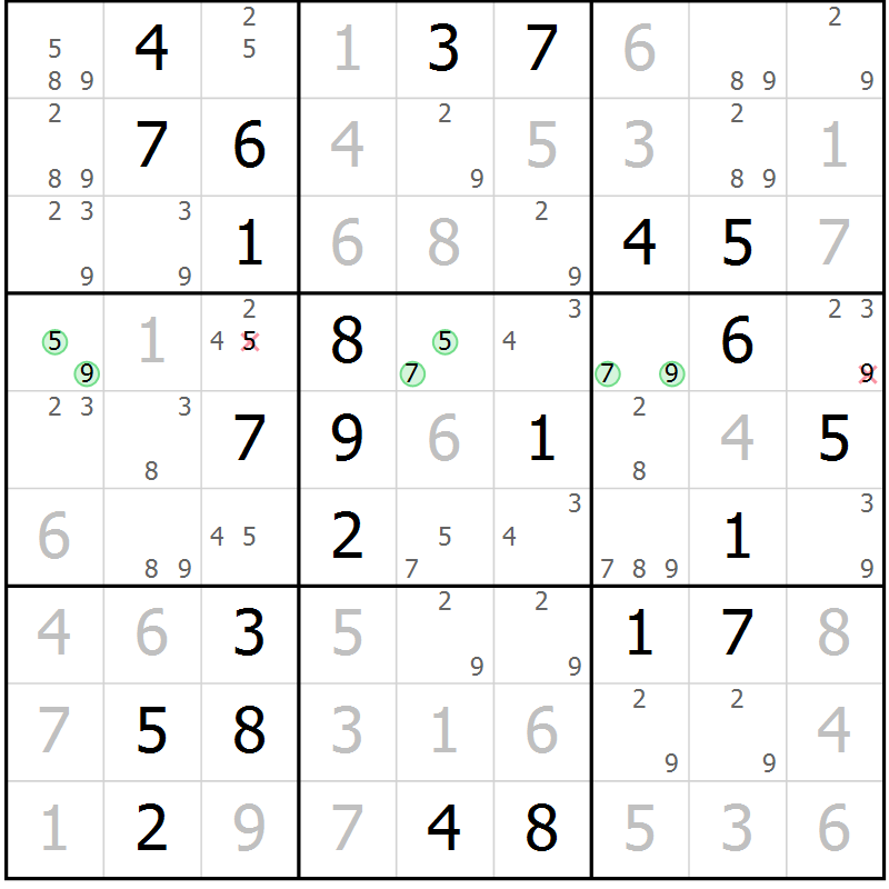 Position des candidats pour la solution de la Gr 60 page 63 du magazine de sudoku Virtuose n° 118