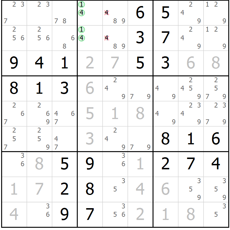 Position des candidats pour la solution de la Gr 61 page 64 du magazine de sudoku Virtuose n° 118